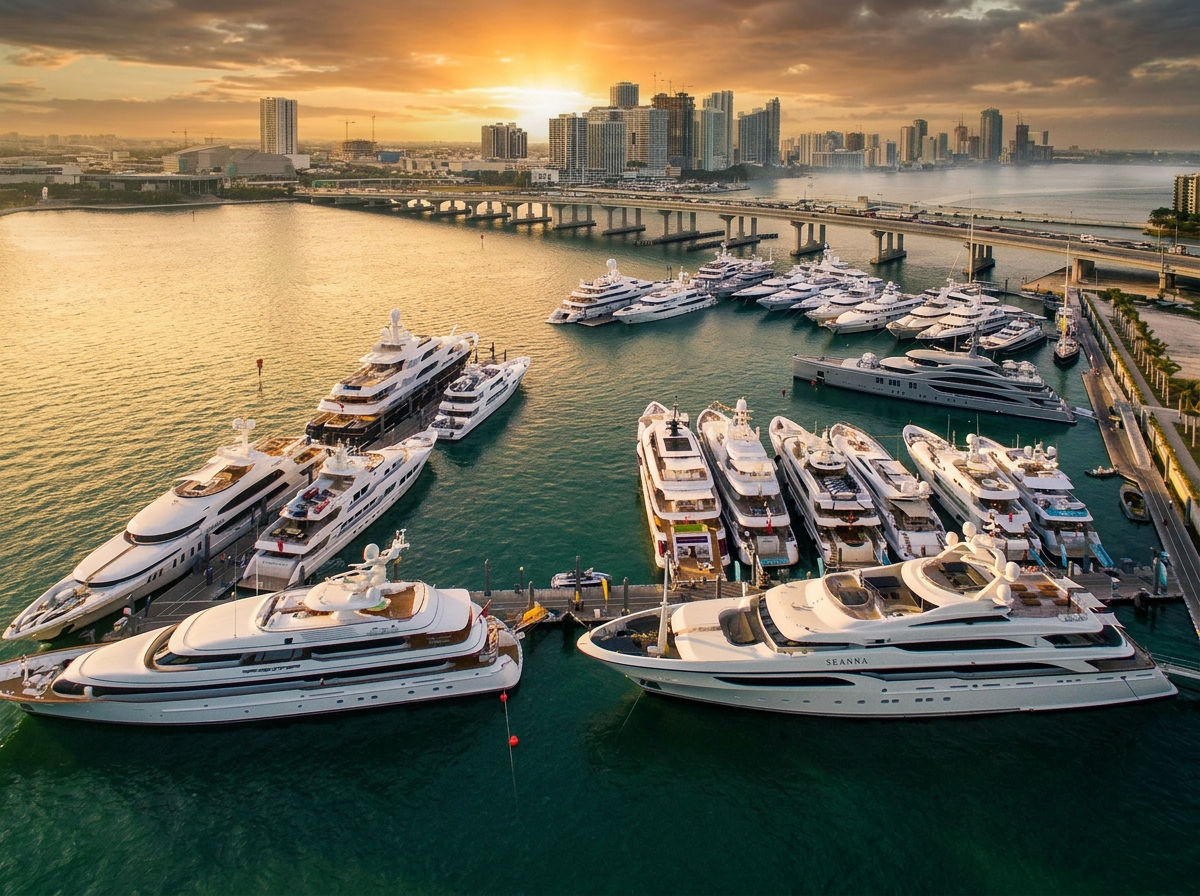 Aerial view of luxury superyachts docked at a Miami marina with the downtown skyline at golden hour