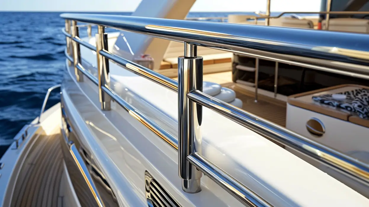 Mirror-polished 316 marine stainless steel handrail on a motor yacht